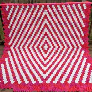 Quilt Top Unfinished Hexagon Pinks White Hand Pieced Handmade Paper Pieced 74X79